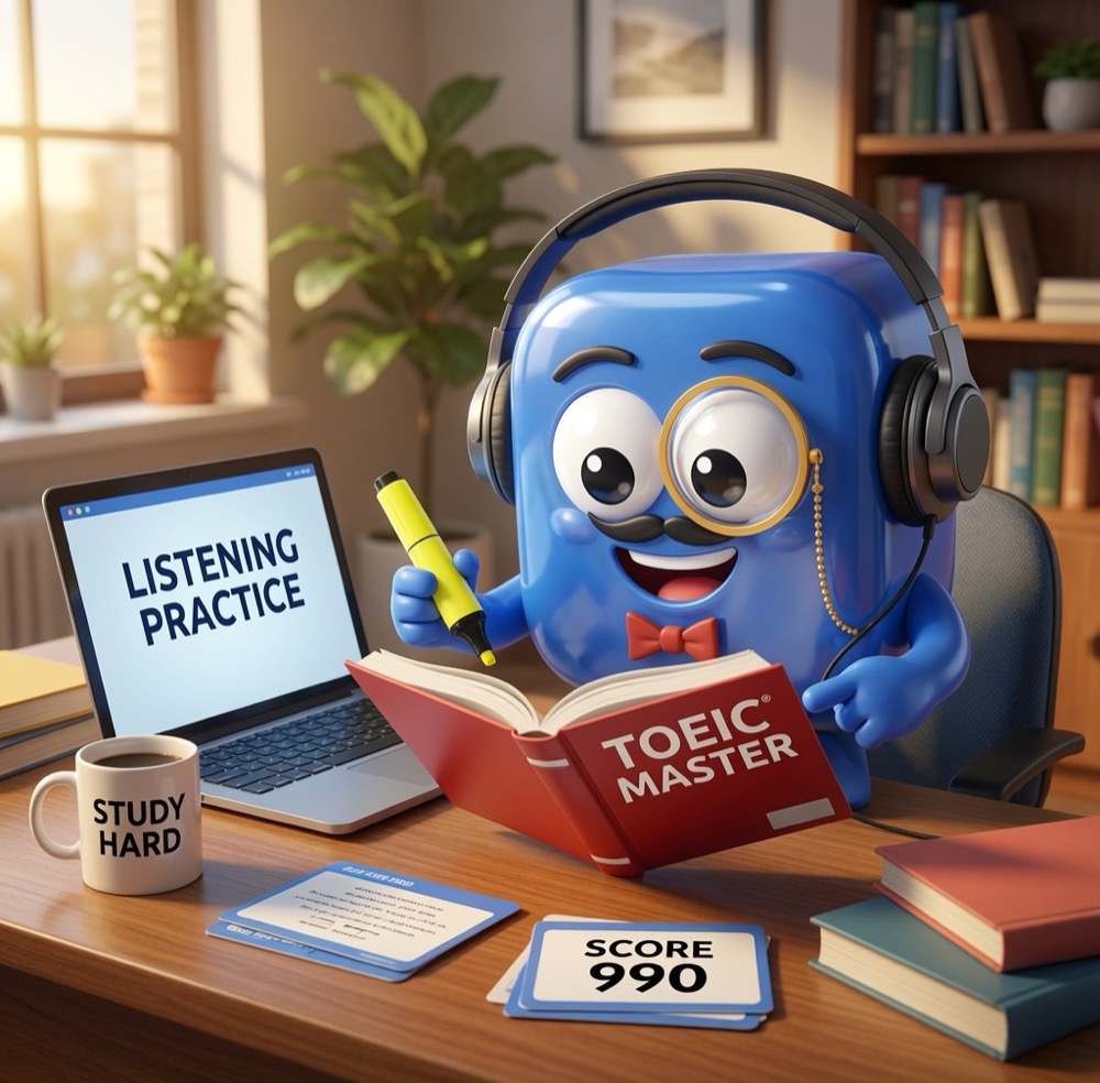 Blue, la mascotte de Blue Language Hub, s'entraîne à l'écoute pour le TOEIC